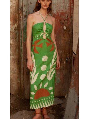 Cala de la Cruz Roge Linen Midi Dress Green Floral Print Size Medium